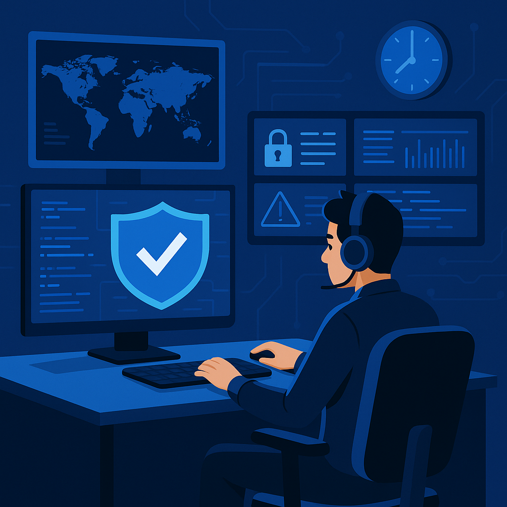 Cybersecurity analyst monitoring threats in a modern SOC environment with multiple security dashboards